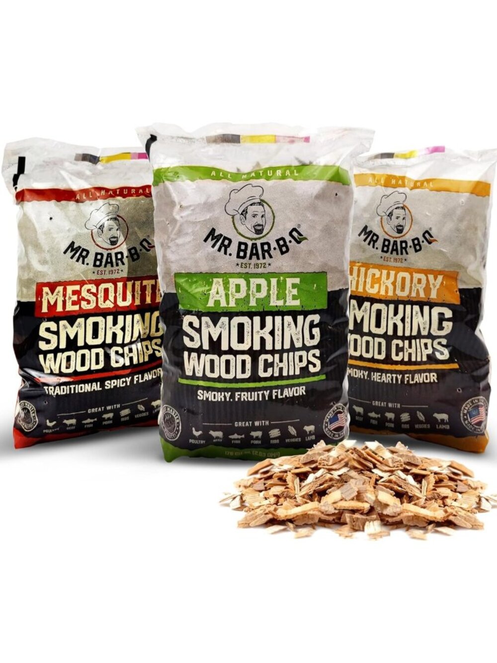 Wood Smoker Chips Bundle - Apple, Mesquite & Hickory for BBQ, Grilling & Camping
